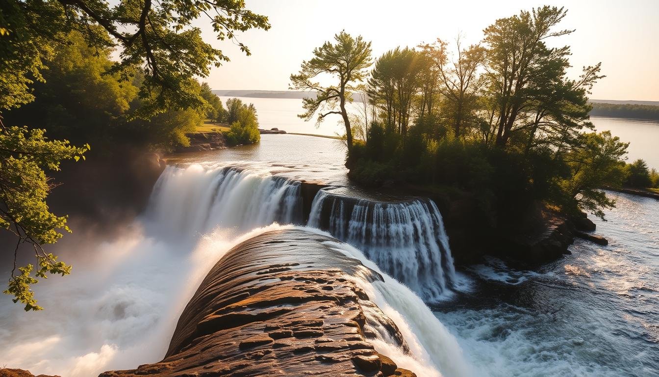 Waterfall flowing near a Tennessee lake setting