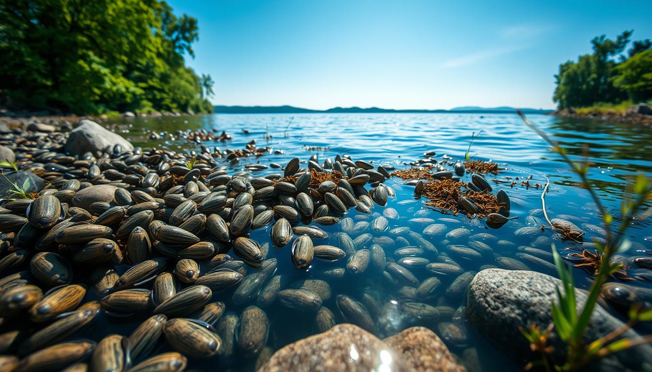 Zebra mussels clustered on a rock surface