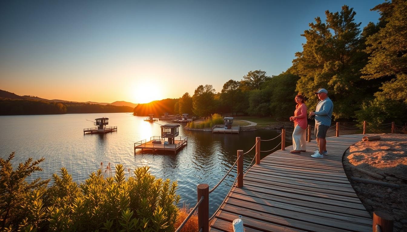 Bank fishing platforms along a Tennessee lake shoreline
