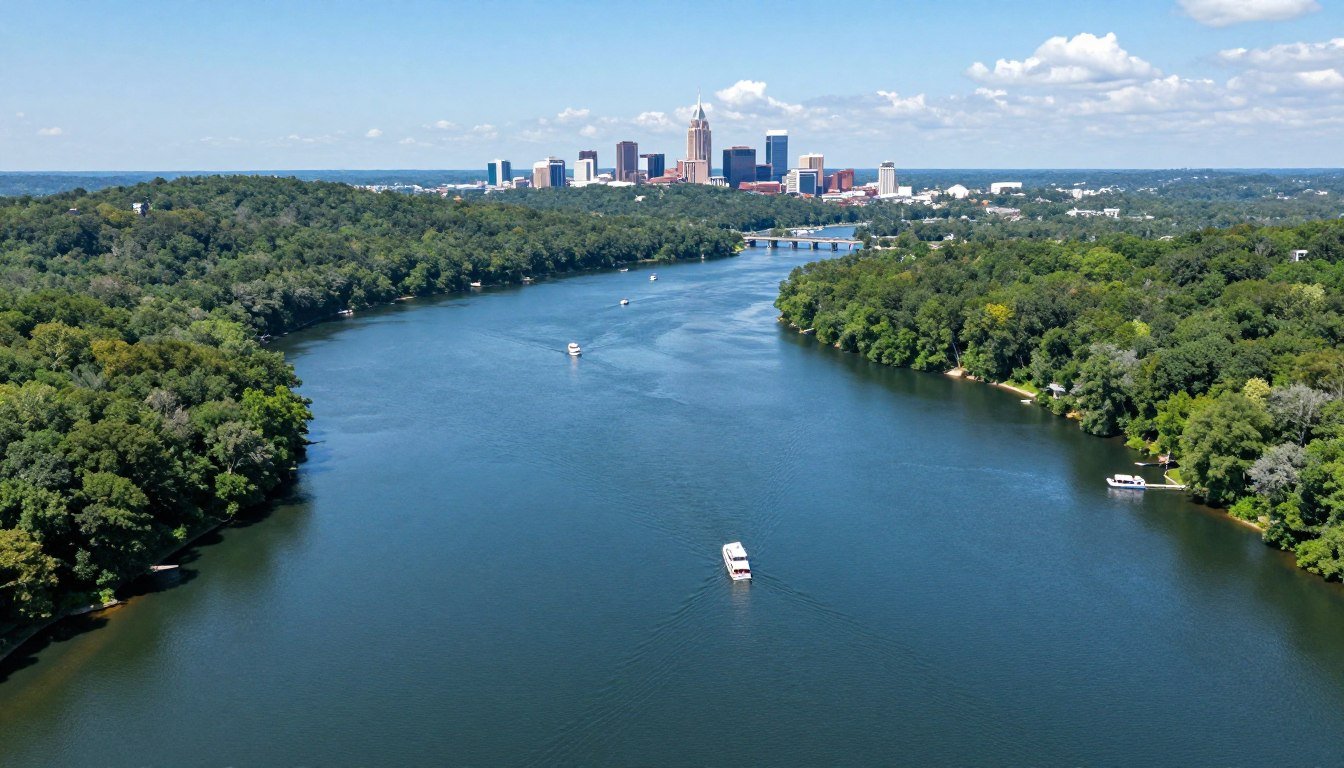Aerial view of Percy Priest Lake with forests and boats on the water