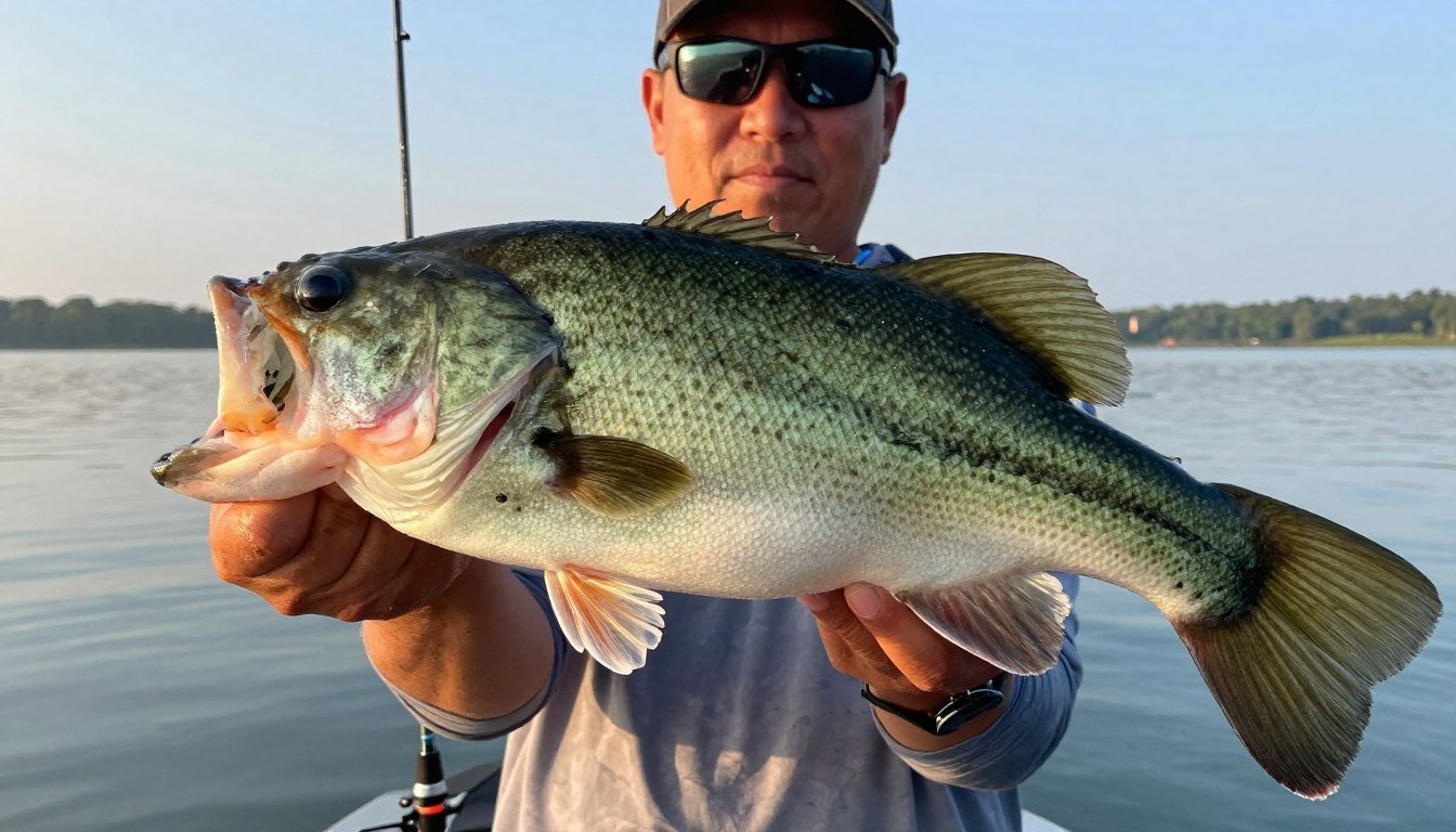 Angler holding a bass caught at Percy Priest Lake