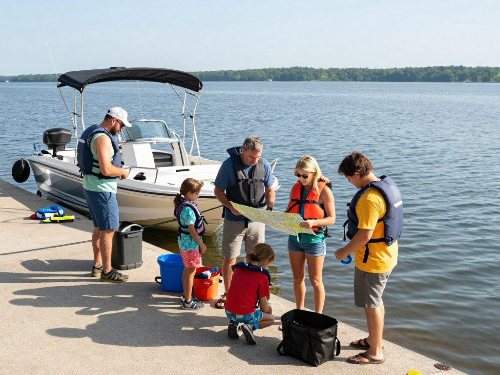 Visitors preparing a boat at a Tennessee lake launch