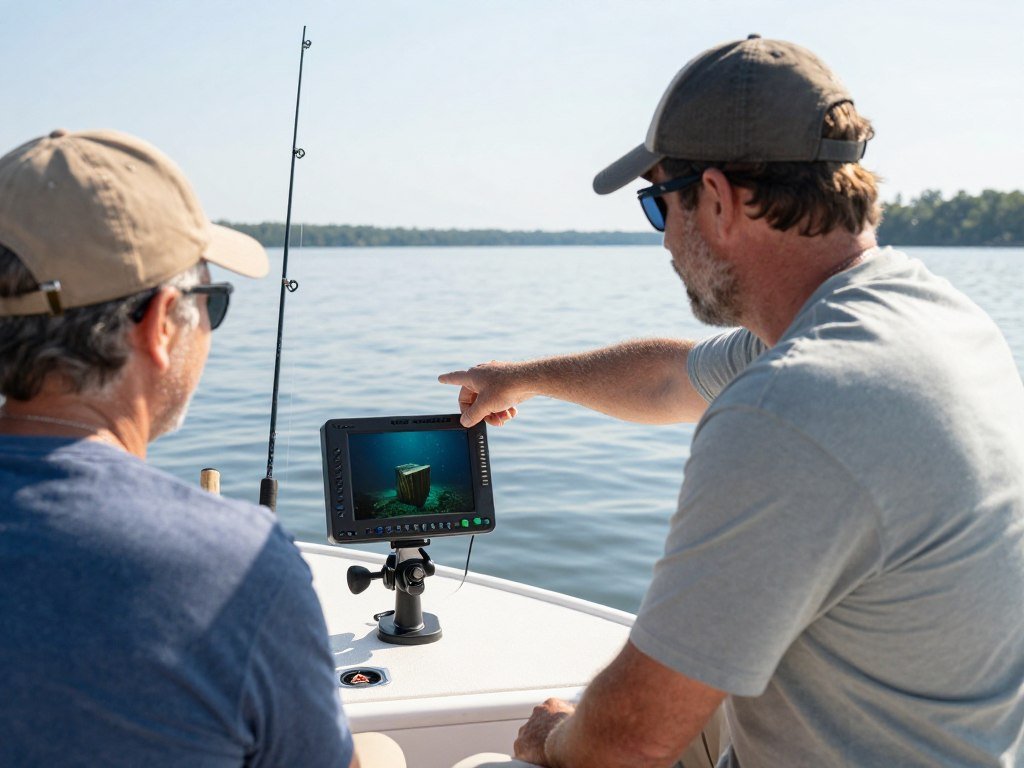 Fishing guide helping an angler with bass fishing techniques on a Tennessee lake