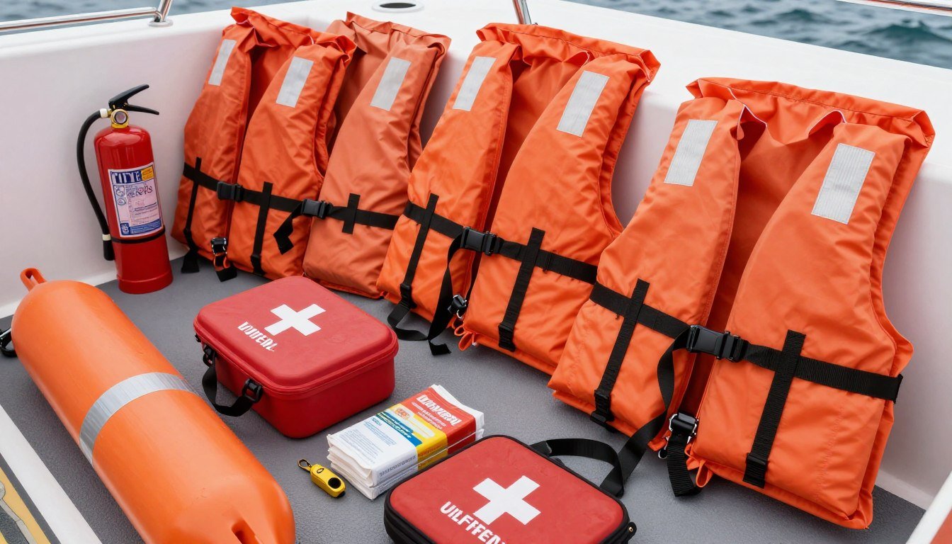 Life jackets and safety gear on a boat at Percy Priest Lake