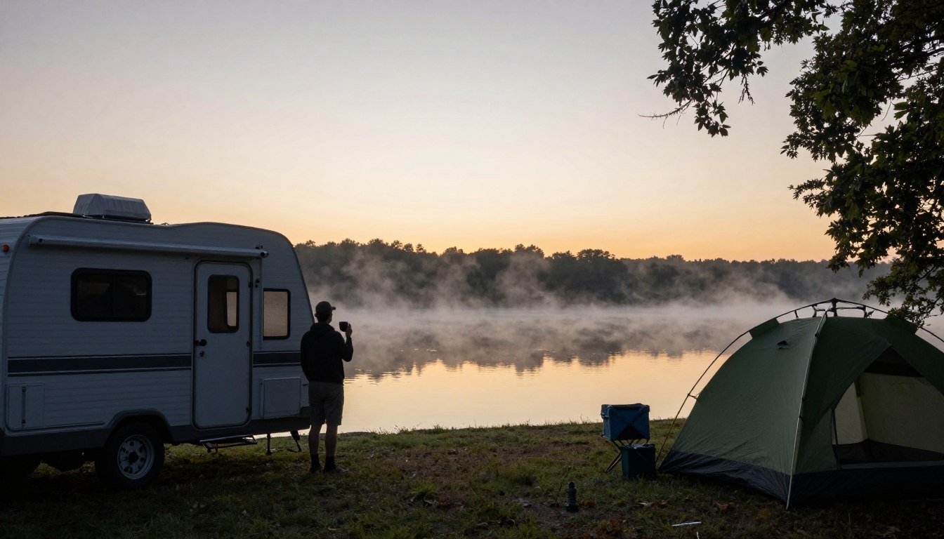 Morning mist over a Percy Priest Lake campground