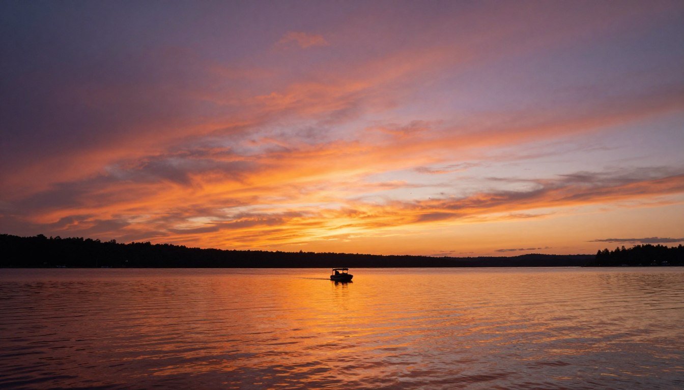 Sunset over a Tennessee lake with a boat silhouette